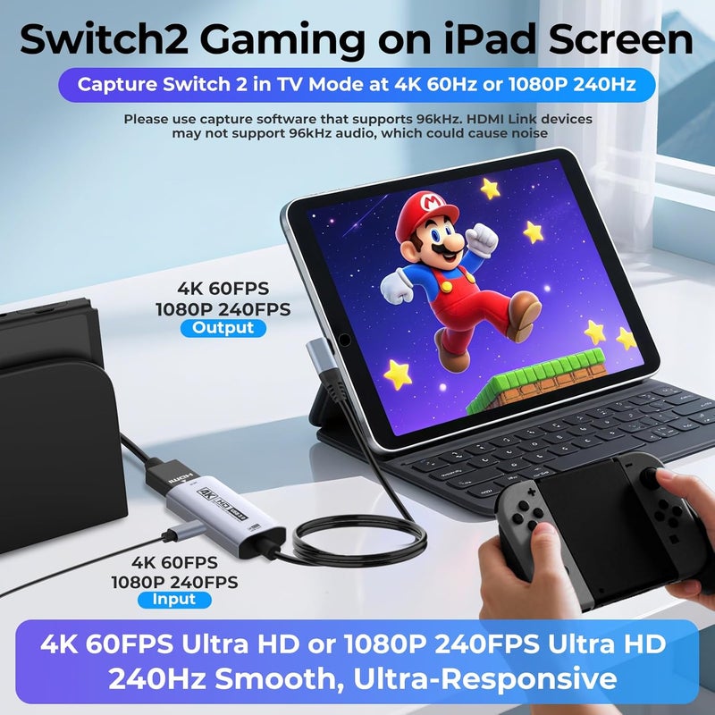 Guermok 4K USB3.0 HDMI Capture Card for Streaming, PD100W, 90° USBC, 3.3ft 4K@60FPS 1080P@240FPS HDMI to USB A/C Video Capture Devices for Pad/Tablet/MacOS /Switch2/1/ Camera/PC/Laptop - Image 2